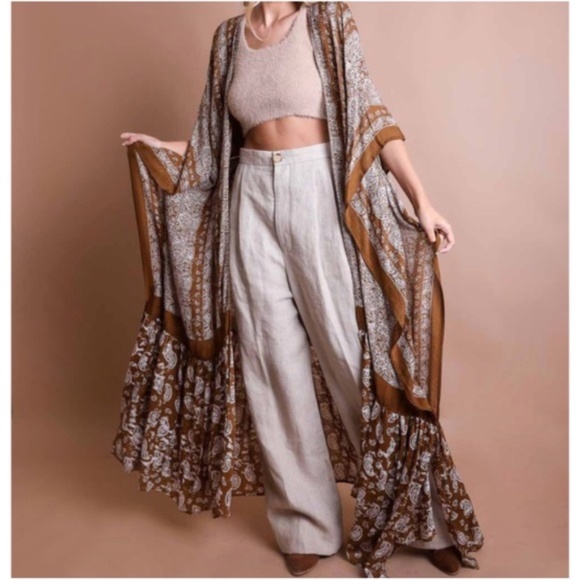 Boho Gypsy Denim Blue Paisley Ruffle Long Kimono Cover up - Picture 2 of 4